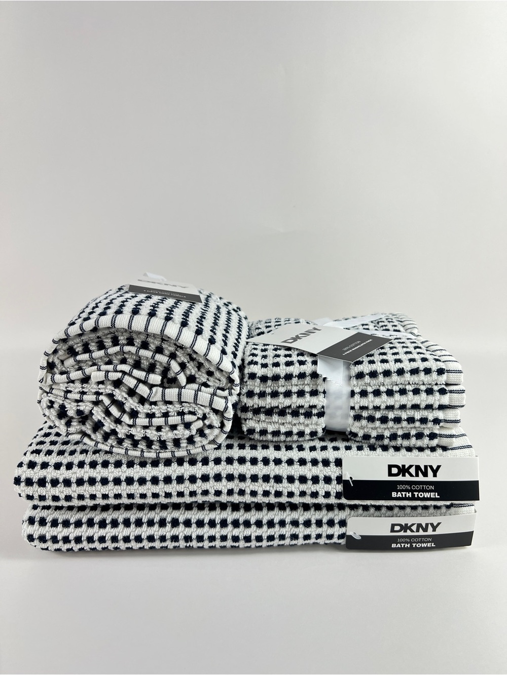 DKNY Bath Towel Set Black White Textured Dot 100% Cotton Super Soft 8 Pc NEW